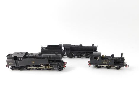 Three kit built OO gauge locomotives, comprising BR black livery, 2-6-0, number indistinct, Standard Class locomotive, 2-6-4, 80015, and a LNER tank locomotive, 0-6-0, 2031.