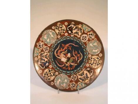 An early 20thC Japanese Kyoto cloisonn? saucer dish decorated with stylised