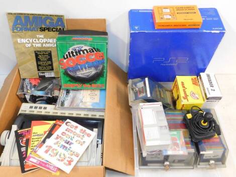 A Sony Playstation 2, boxed, Nintendo Donkey Kong game and watch multi screen, boxed, joysticks, games on floppy disks, boxed games, magazines, printer etc. (qty)