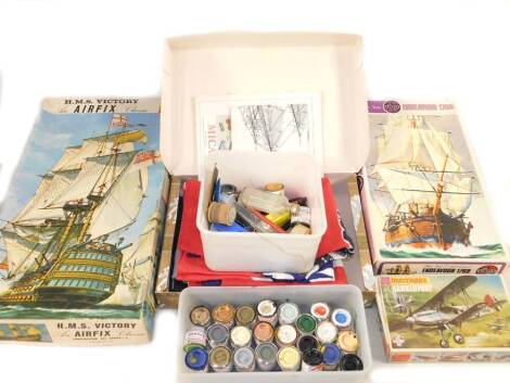 An Airfix Classic Construction Kit HMS Victory, Series 9, further Airfix Kit Endeavour 1768, Matchbox Hawker Fury, paints and flags, etc. (qty)