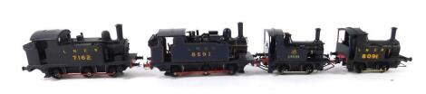 Four 00 gauge kit built shunting engines, comprising LNER black livery 0-6-0, 8591, 0-6-0, 7162, LNER black livery, 0-4-0, 8091, British Rail black livery 0-4-0, 68089.