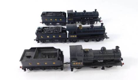 Three kit built 00 gauge LNER locomotives, black livery, comprising Thompson Class 01 locomotive, 0-6-0, 3567, J11 Class locomotive, 0-6-0, 5221, and a further locomotive, 0-6-0, 1003.