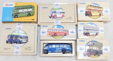 Corgi Commercials die cast models of buses, including a Bristol Lodekka SS5G Lincolnshire Road Car, Thorneycroft Bus Sheffield, and a Burlingham Seagull Don Everall, all boxed. (8)