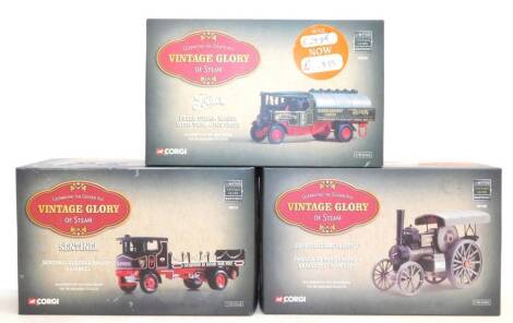 Three Corgi Vintage Glorious Steam die cast vehicles, limited edition, scale 1:50, boxed, comprising a Sentinel flatbed wagon - Guinness, 80010., Fowler B6 road engine - Lafayette Ward Dept, 80109., and a Foden steam wagon, with tank - Ind Coope, 80204.