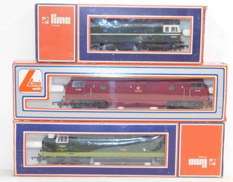 Three Lima OO gauge diesel locomotives, comprising British Railways green livery D6056, 5115MW, British Railways Rapid Warship Class, maroon livery, D838, 205128MWG, British Railways Meld, bicolour green livery, D9003, 5105MW, all boxed. (3)