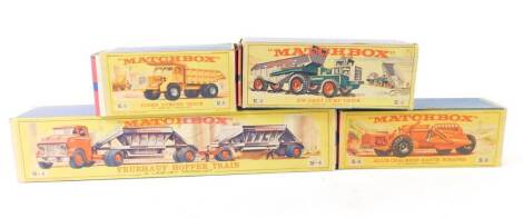 A Matchbox die cast model of a Fruehauf Hoffer train M-4, Foden dumper truck K-5, KW-Dart dump truck K-2, and an Allis-Chalmers earth scraper K-6, all boxed. (4)