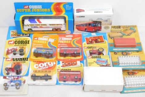 A Corgi die cast Penny Burn workman's trailer, 109., Corgi Cargos, lorry load, bricks, 1486, and milk churns, 1487., Midland Red Leyland Leopard single decker bus, Super Juniors MC-8 Americruiser bus, and sundry vehicles, all box or packaged. (qty)