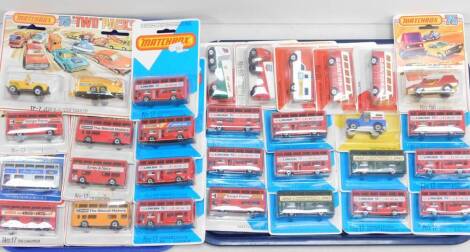 Matchbox die cast double and single decker buses, lorries, Jeep, and a Jeep and Glider Club set, all packaged. (29)