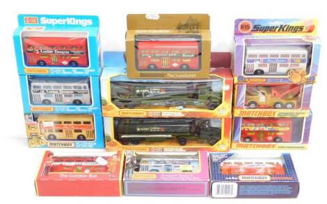 Matchbox Superkings die cast double decker buses, a Scammell heavy wreck truck, and two Battle Kings articulated petrol tankers K-115, all boxed. (12)