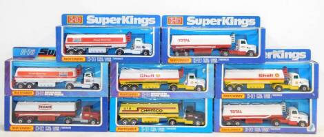 Matchbox die cast Superkings tankers, including Shell, Exon, Total, Texaco and Chemco, all boxed. (8)