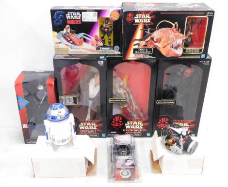 Four Hasbro Star Wars Episode 1 figures, comprising Battle Droid, Darth Maul, and Opee & Quin-Gon Jinn, figure of Obi-Wan Kenobi, a Grosvenor Darth Maul electronic toothbrush holder, Hope Darth Maul die cast watch, and a Kenner Shadows of The Empire Swoop