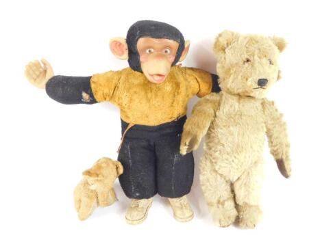 A 1950's Zippy The Chimpanzee, straw filled, with rubber face and shoes, 46cm H, together with a golden mohair Teddy Bear, 40cm H, and a seated elephant, 16cm H. (3)