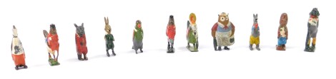 Britains 1930's Co-Co Cubs anthropomorphic figures of animals and birds, some lacking bases. (11)