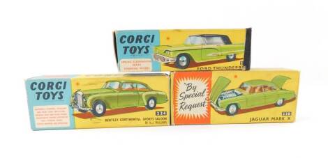 A Corgi die cast Bentley Continental Sports Saloon, 224, Ford Thunderbird, 214S, and a Jaguar MkX, 238, all boxed. (3)