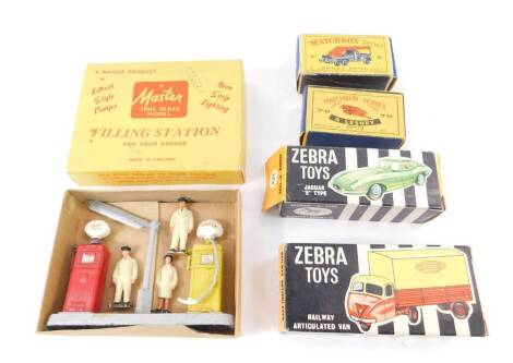 A Zebra Toys die cast railway articulated van, no.36, Jaguar E-Type no.10, a Wardie filling station with two figures, latest style pumps and neon strip lighting, and two Lesney Matchbox models, sports boat and trailer no.48 and 6-wheel crane truck no.30. 