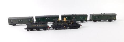 A kit built OO gauge Achilles Class locomotive Lorna Doone, Great Western green livery, 4-2-2, 3047, together with four kit built Southern Rail wagons, green livery.