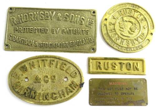 A small collection of brass engineers plaques for Ruston and Hornsby Limited Ruston, FW Whitfield and Co, Ruston and Hornsby, etc.