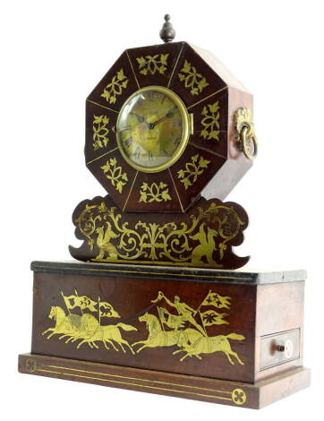 A Regency mahogany mantel timepiece, the brass dial signed A.Leroux London, the case inlaid overall with brass leaves, griffin, a gentleman standing on a procession of horses, the box base with side drawer and turned boned handle, 50cm H.