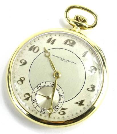 A Vacheron Constantin 18ct gold pocket watch, with silvered coloured dial, seconds dial and gold hands, bezel wind, with a 18 jewel movement, numbered 403859, the casing stamped 252617, 4cm W, 47.2g all in.