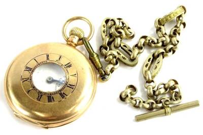 A 9ct gold half hunter pocket watch, with white enamel dial, seconds, dial and blue hands, in 9ct gold case, inscribed for loyalty and long service, presented to Mr F Parkhouse by JL Thomas and Co Limited Exeter 1916-1931 and dated March 1932, with a 17 j