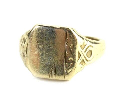 A 9ct gold signet ring, with rectangular shield and partial floral engraving, scroll design shoulders, ring size O½, 7.9g.