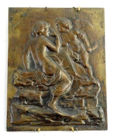 A 20thC Classical plaque, raised with semi clad figures on a rock work, unsigned, 23cm x 18cm.