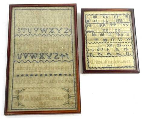 A 19thC alphabetic and numeric sampler by Eliza Franklin dated 1852, 19cm x 15cm, and a further alphabetic and numeric sampler probably dated 1857.