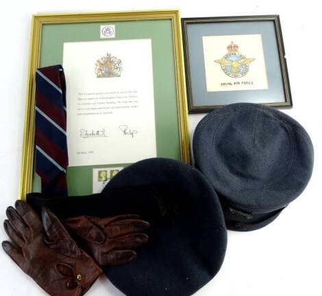 A facsimile of Elizabeth II wedding certificate and a first day cover, RAF related cap, tie, gloves, and embroidery. (a quantity)