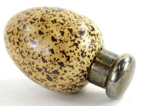 A pottery and silver scent bottle, modelled in the form of a mottled brown egg, possible Mcintyre, the mount London 1884, 6cm L.