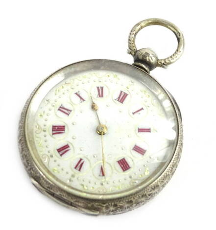 A continental silver fob watch, with white enamel dial, with gold and silvered coloured chasing, red enamel numerals, and a florally engraved case, with vacant cartouche shield back, key wind, with 17 jewel movement, stamped 53402, 4cm W, 50g all in.