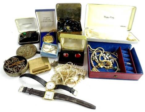 A quantity of modern costume jewellery and effects, to include gold plated bangle, Rotary gents wristwatch in gold plated case, commemorative coin pendant, cufflink's, earrings, dress rings, faux pearl necklaces, etc. (1 tray)