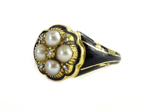 A Victorian yellow metal mourning brooch, with black enamel detail, inset with four pearls, and tiny diamonds, etc., 5.6g all in.