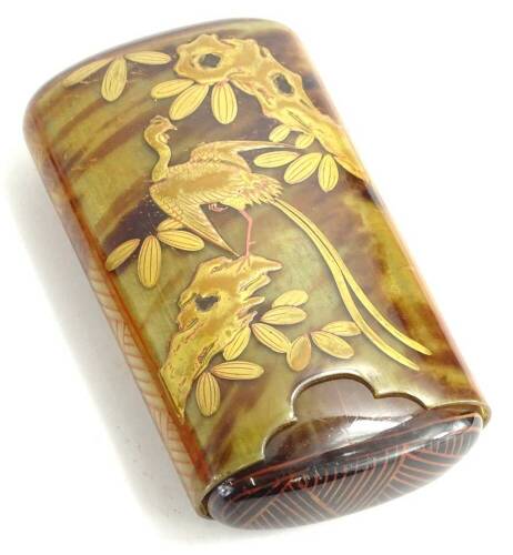 A Japanese simulated tortoiseshell and lacquer case, decorated with a bird in a tree, 12cm L.