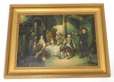 19thC School. Figures in an interior, etc., oleograph print, 31cm x 44cm.