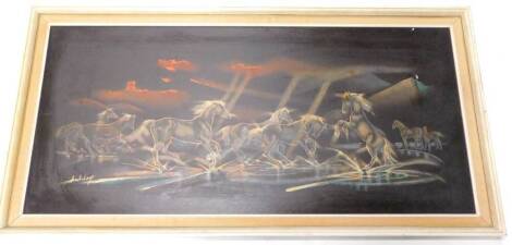 After Derrick Ashley. Horse Play, retro coloured print, 44cm x 98cm.