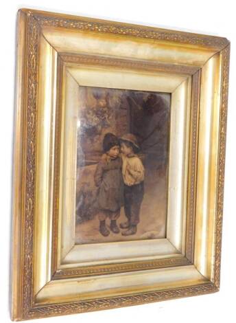 A late 19th/early 20thC crystoleum, depicting two children, in original gilt frame, 46cm x 36cm.