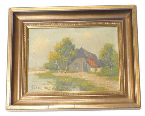 G Starke. Cottage beside a river, oil on canvas, signed lower left, 17cm x 24cm.