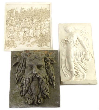 A square plaque decorated with Medieval type figures, stamped D.H. Morton, an Art Nouveau plaque of a young lady (AF), and a concrete wall mounted plaque cast in the form of a gentleman with a beard.