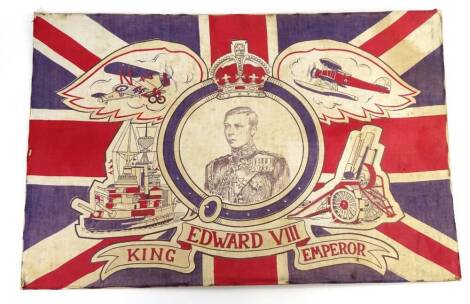 A coronation flag or banner for Edward VIII, titled King and Emperor, decorated with a sea plane, a bi-plane, a war ship, and an artillery gun, 87cm W.