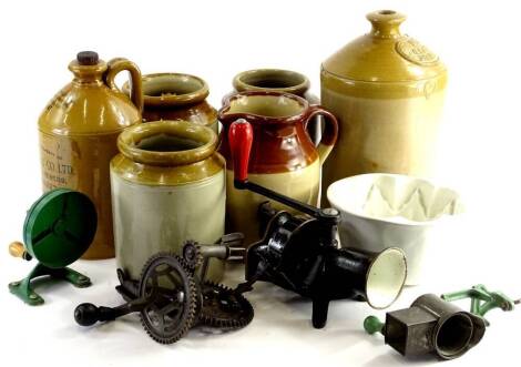 Various items of kitchenalia, to include mincers, a mixing type machine, stoneware jars, to include an example stamped O'Laughton of Scarborough, jelly mould, etc.