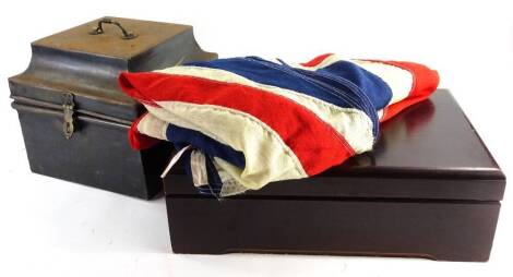 A part canteen of silver plated Old English pattern cutlery, a Union Jack flag and a square tin box.