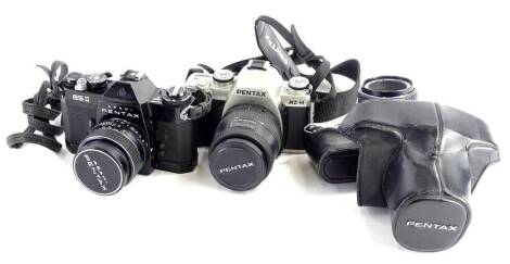 A Pentax ES2 camera, with lens, a Pentax ME with lens, and an MZ-M with lens. (3)