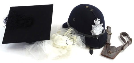 A Lincolnshire policeman's hat, and a students mortar board and a holster. (3)