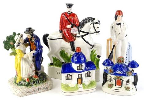 A collection of reproduction Staffordshire figures, to include The Sailors Return, The Cricketer and Lord Kitchener on horseback etc.