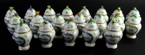 Various Franklin Mint Le Cordon Bleu semi porcelain spice jars, to include Thyme with floral knop, bellied circular body and inverted stem, circular foot, 10cm H, and various others. (a quantity)