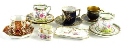 Various 19thC and other cabinet cups, and other items, napkin rings, Royal Worcester black and gilt decorated tea cup 6cm H, and saucer shaped dish, a cup with Wedgwood Portland vase mark beneath, RK Kauffman and type cabinet saucer, etc. (a quantity)