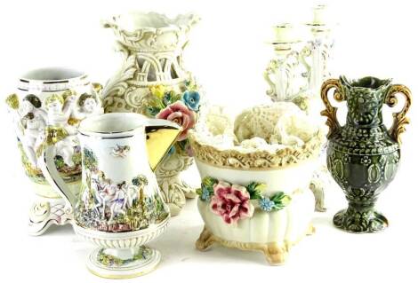 Various pottery and effects, a Capodimonte ewer raised with classical figures, polychrome decorated predominantly in green, pink and yellow, on an inverted stem and circular foot, with satire handle, further Capodimonte and other type items, sectional can