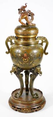 A fine Japanese two-colour patinated bronze koro, with gilt piquet work embellishments, silvered inlays and aplliques of coral and mother-of-pearl, the pierced and domed cover having Kylin surmount, dragon banded insert, the two-handle bulbous body with s - 3