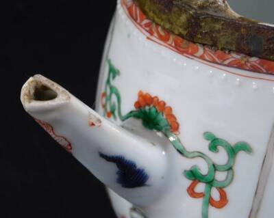 A Chinese Qing period porcelain tea kettle, decorated in famille vert colours with an Oriental landscape and dog of fo knop, (handle replaced with metal), 13cm H. - 7