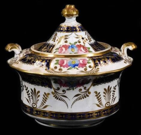 A 19thC English porcelain sucrier and cover, probably Ridgway pattern no. 114, 15cm H.